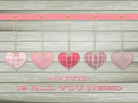 Red hearts hanging over old wood background. EPS 10 vector file includedのイラスト素材