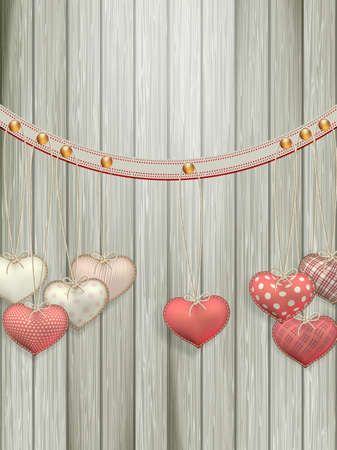 Red hearts hanging over old wood background. EPS 10 vector file includedのイラスト素材
