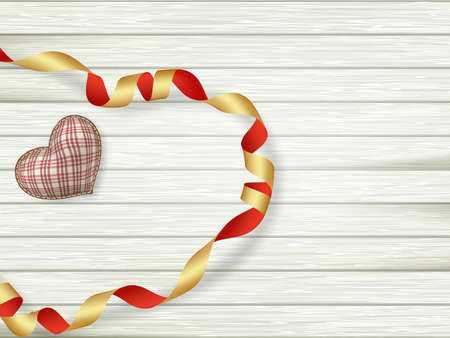 Valentines day toy heart and ribbon over wooden table background with copy space.  のイラスト素材