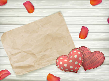 Blank old piece of paper and vintage handmaded valentines day toy hearts over wooden background. EPS 10 vector file includedのイラスト素材