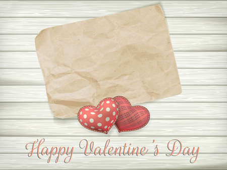 Blank old piece of paper and vintage handmaded valentines day toy hearts over wooden background. EPS 10 vector file includedのイラスト素材