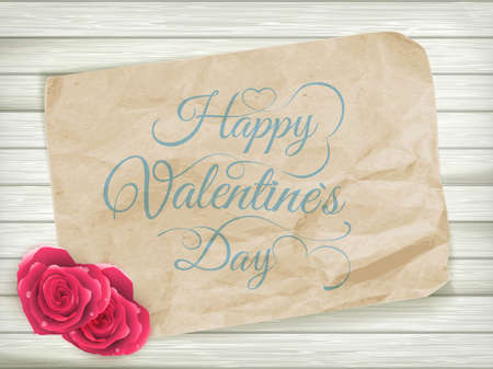 Rose and greating card on wooden background. Valentines day background. EPS 10 vector file includedのイラスト素材