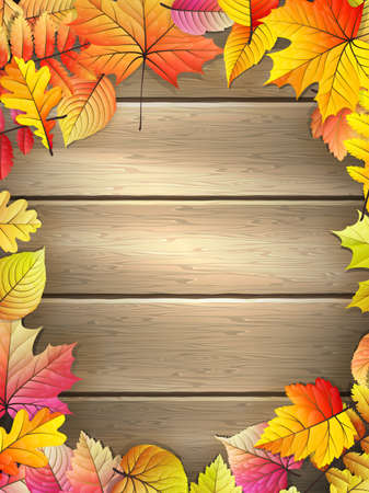 Wooden planks with autumn leaves.  のイラスト素材