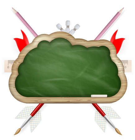 School supplies and empty green chalkboard isolated. のイラスト素材