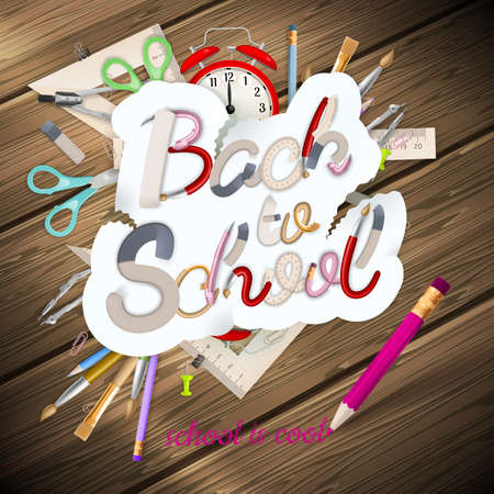 School supplies on wooden background.  のイラスト素材