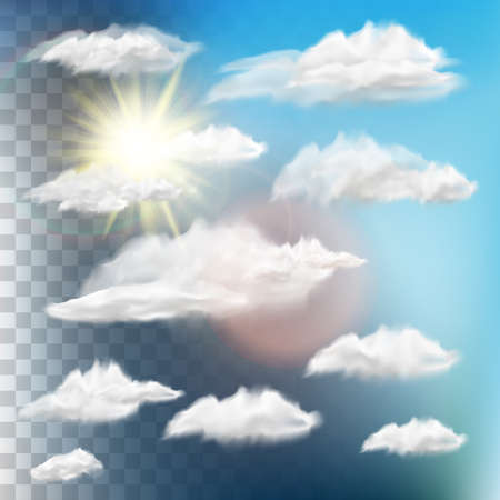 Set of transparent clouds with sun.のイラスト素材