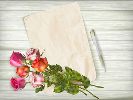Happy Valentines day holiday card with paper and flowers over wooden background. EPS 10 vector file includedのイラスト素材