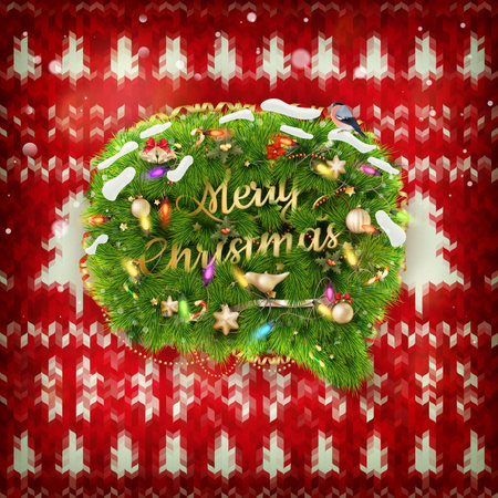 New Year christmas decoration. Christmas template against knitted background. Illustration for new years day, christmas, winter holiday, new years eve, silvester, etc. のイラスト素材