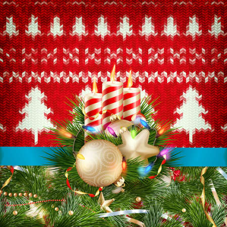 New Year christmas decoration. Christmas template against knitted background. Illustration for new years day, christmas, winter holiday, new years eve, silvester, etc. のイラスト素材