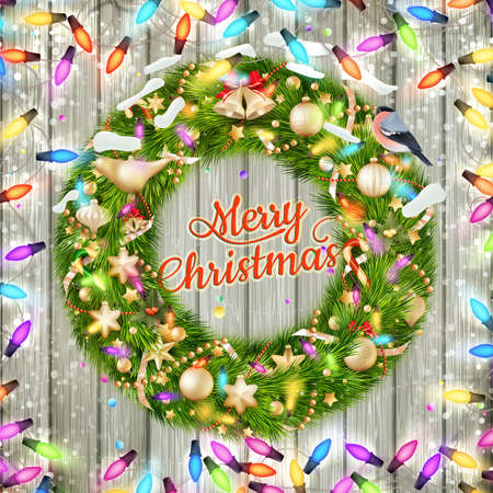 Christmas wreath on a wooden door. EPS 10 vector file includedのイラスト素材