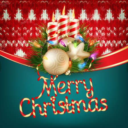 New Year christmas decoration. Christmas template against knitted background. Illustration for new years day, christmas, winter holiday, new years eve, silvester, etc. EPS 10 vector file includedのイラスト素材