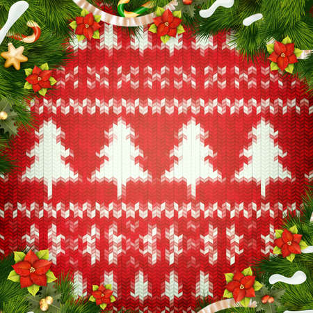 New Year christmas decoration. Christmas template against knitted background. Illustration for new years day, christmas, winter holiday, new years eve, silvester, etc. EPS 10 vector file includedのイラスト素材