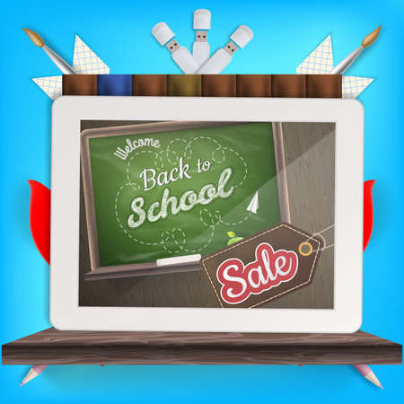Tablet with a picture of a chalkboard with the sentence back to school written in it, on a rustic wooden desk with pencil different colors. EPS 10 vector file includedのイラスト素材