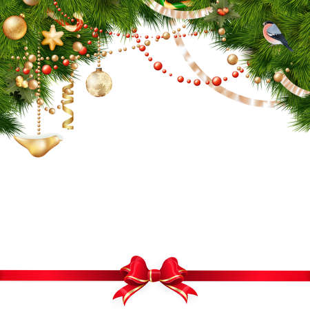 Christmas tree branches with golden baubles isolated on white. EPS 10 vector file includedのイラスト素材