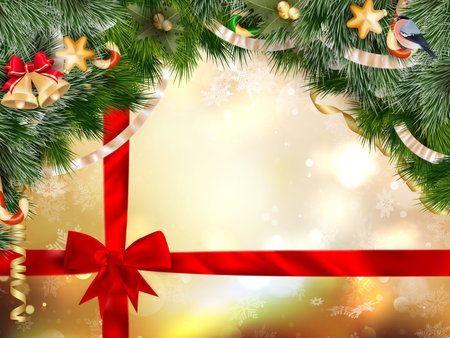 Winter background with crystallic snowflakes with red gift bow. Christmas fir tree decoration. EPS 10 vector file includedのイラスト素材