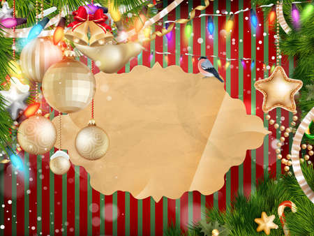 Christmas greeting card light and snowflakes background. Merry Christmas holidays wish design and vintage ornament decoration. Happy new year message. EPS 10 vector file includedのイラスト素材