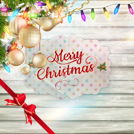 Christmas greeting card light and snowflakes background. Merry Christmas holidays wish design and vintage ornament decoration. Happy new year message. EPS 10 vector file includedのイラスト素材