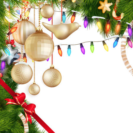 Christmas greeting card light and snowflakes background. Merry Christmas holidays wish design and vintage ornament decoration. Happy new year message. EPS 10 vector file includedのイラスト素材