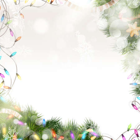 Christmas greeting card light and snowflakes background. Merry Christmas holidays wish design and vintage ornament decoration. Happy new year message. EPS 10 vector file includedのイラスト素材