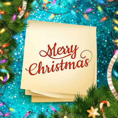 Christmas greeting card light and snowflakes background. Merry Christmas holidays wish design and vintage ornament decoration. のイラスト素材