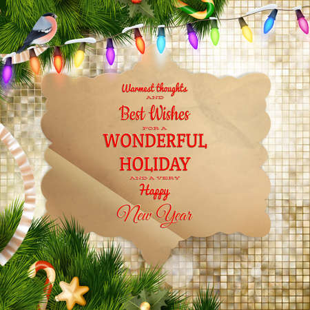 Christmas greeting card light and snowflakes background. Merry Christmas holidays wish design and vintage ornament decoration. Happy new year message. EPS 10 vector file includedのイラスト素材