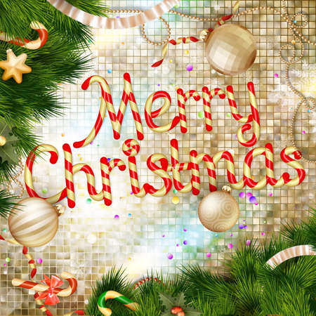 Christmas greeting card light and snowflakes background. Merry Christmas holidays wish design and vintage ornament decoration. Happy new year message. EPS 10 vector file includedのイラスト素材