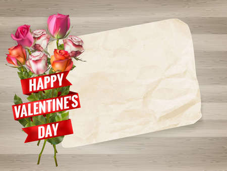 Happy Valentines Day background with a note on a wooden wall and a red rose. EPS 10 vector file includedのイラスト素材