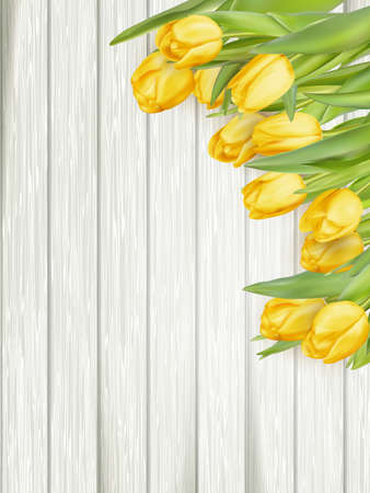 Beautiful yellow tulips on wooden background. Top view, copy space.  vector file includedのイラスト素材