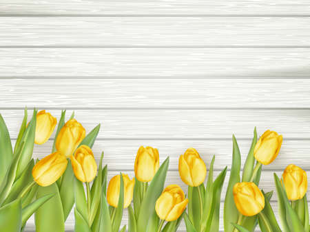 Bouquet of yellow tulips in a gift on a dark wooden table. vector file includedのイラスト素材