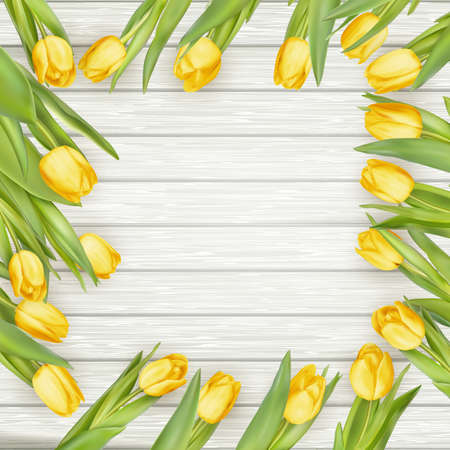 Beautiful yellow tulips on wooden background. Top view, copy space.  vector file includedのイラスト素材