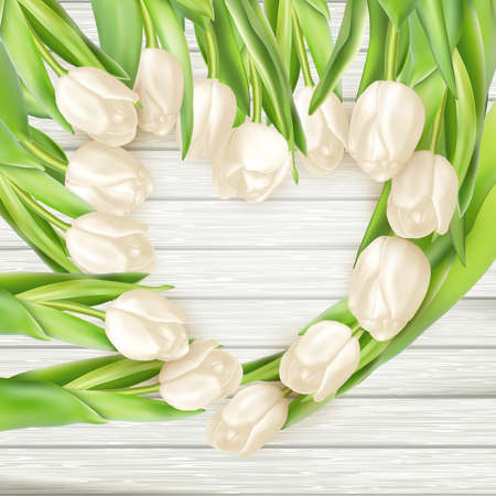Border with white tulips on a old wooden background.  vector file includedのイラスト素材