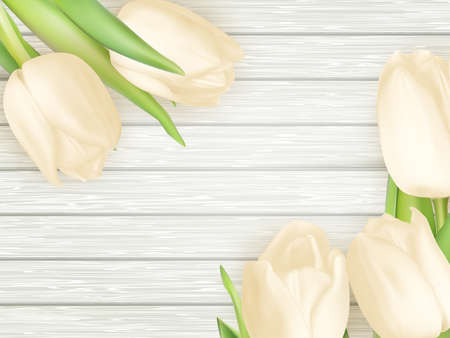 Bouquet of white tulips on wooden background. Top view.  vector file includedのイラスト素材
