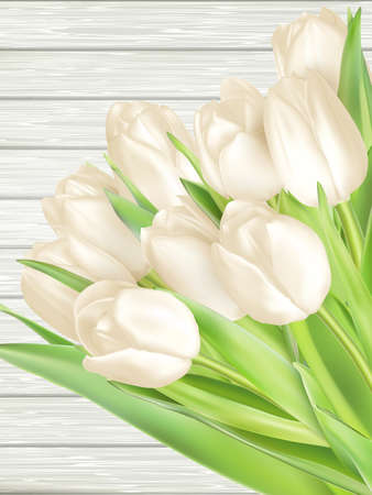 Bouquet of white tulips on wooden background. Top view. vector file includedのイラスト素材