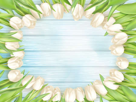 Bouquet of white tulips on turquoise painted a wooden background.  vector file includedのイラスト素材