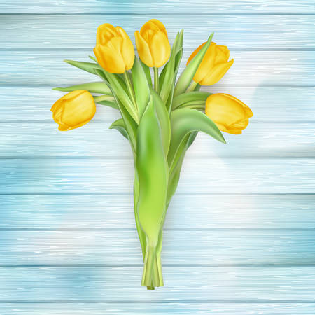 Fresh spring yellow tulips flowers on turquoise wooden planks. Selective focus. Place for text.  vector file includedのイラスト素材