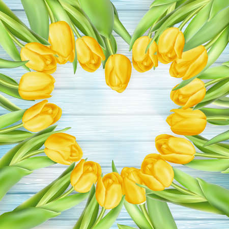 Fresh spring yellow tulips flowers on turquoise wooden planks. Selective focus. Place for text. vector file includedのイラスト素材