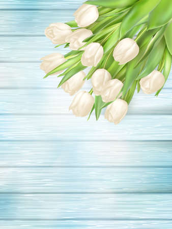 Background with spring tulips on turquoise painted wooden for design.  vector file includedのイラスト素材