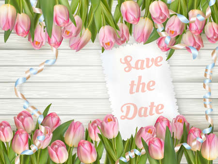 Wedding Invitation Cards with spring tulips. Use for Boarding Pass, Save The Date, thank you card. EPS 10 vector file includedのイラスト素材