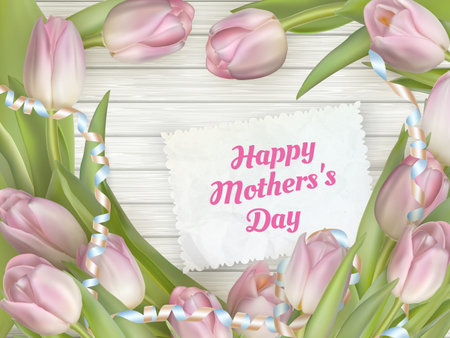 Close up of a beautiful bouquet of tulips with a happy mothers day card. Mother s Day concept. EPS 10 vector file includedのイラスト素材