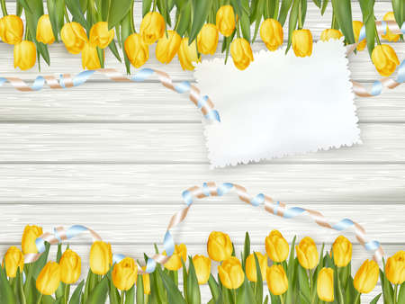 Empty note paper and tulip flowers on rustic table. EPS 10 vector file includedのイラスト素材