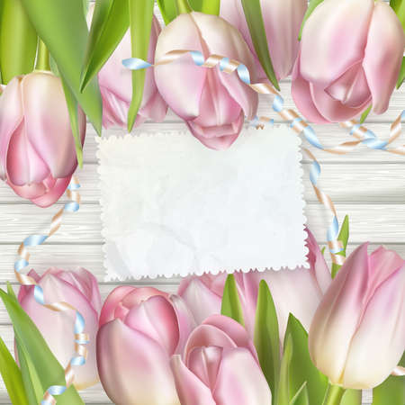 Empty note paper and tulip flowers on rustic table. EPS 10 vector file includedのイラスト素材
