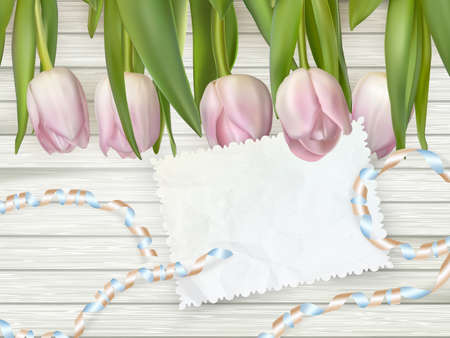 Beautiful tulips with card on wood background. EPS 10 vector file includedのイラスト素材