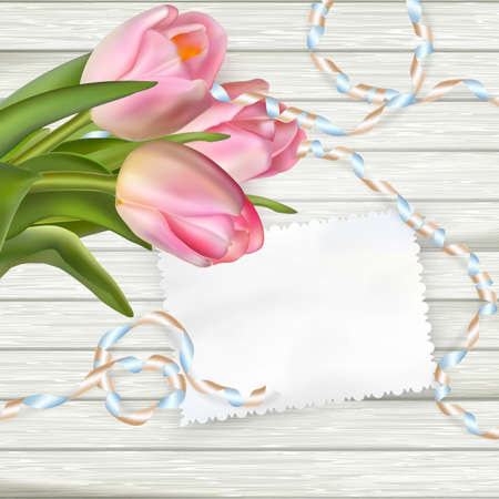 Empty note paper and tulip flowers on rustic table. EPS 10 vector file includedのイラスト素材