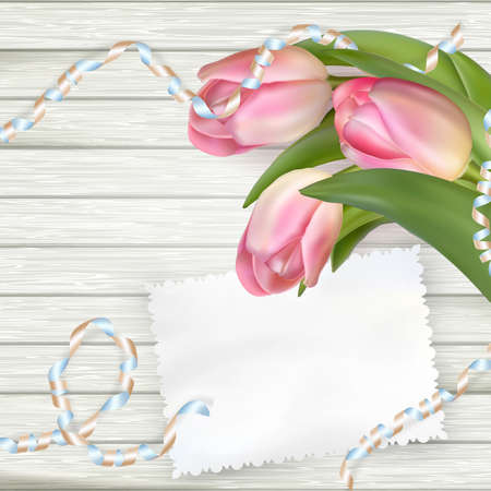 Bouquet of tulips lying on a white textured table, with free space for text. EPS 10 vector file includedのイラスト素材