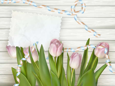 Bouquet of tulips lying on a white textured table, with free space for text. EPS 10 vector file includedのイラスト素材
