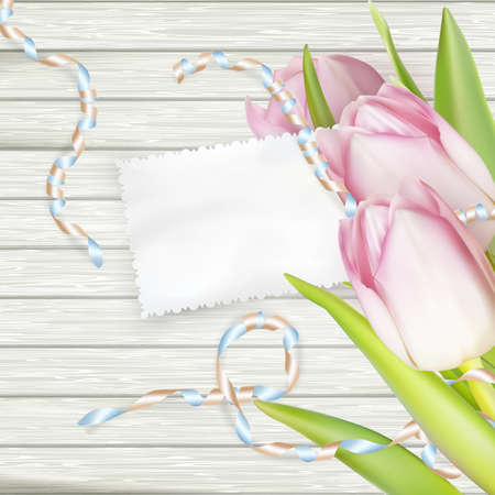 Paper card with tulips on wooden background. EPS 10 vector file includedのイラスト素材