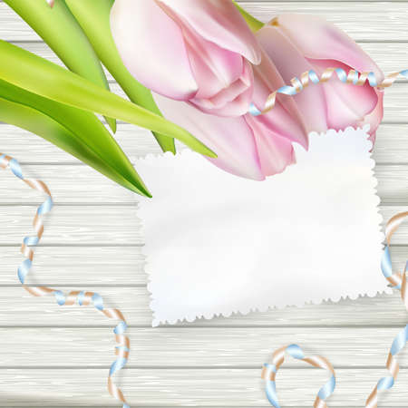 Paper card with tulips on wooden background. EPS 10 vector file includedのイラスト素材