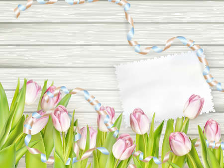 Paper card with tulips on wooden background. EPS 10 vector file includedのイラスト素材
