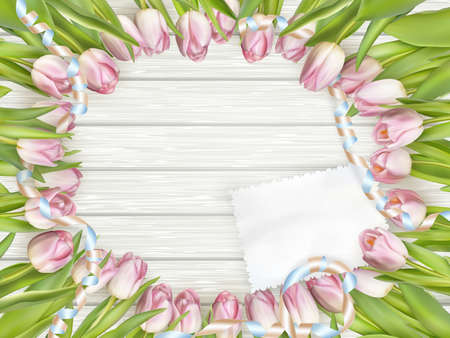 Paper card with tulips on wooden background. EPS 10 vector file includedのイラスト素材