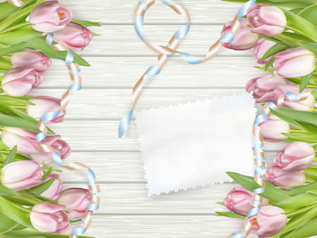 Paper card with tulips on wooden background. EPS 10 vector file includedのイラスト素材